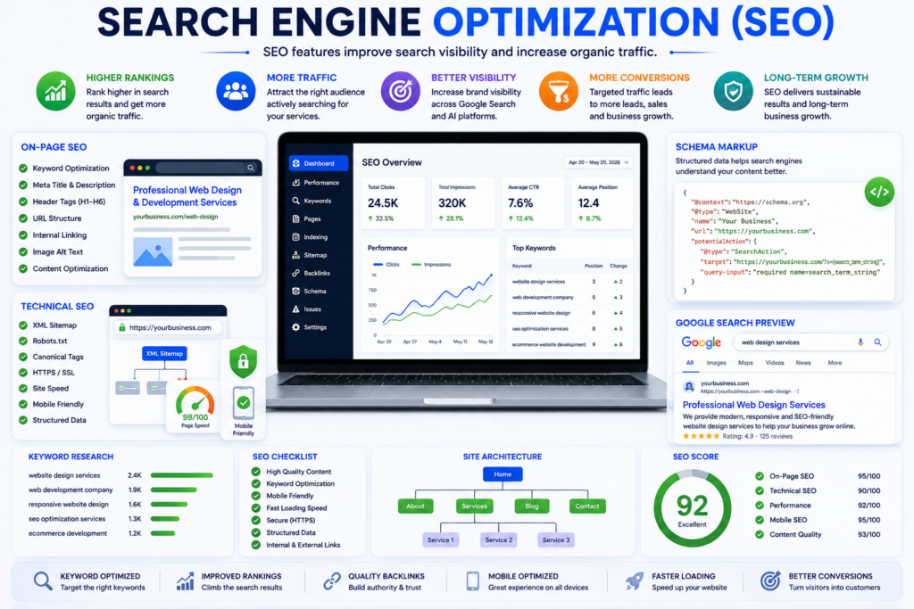 Illustration showing technical SEO, on-page SEO, schema markup, and search rankings.