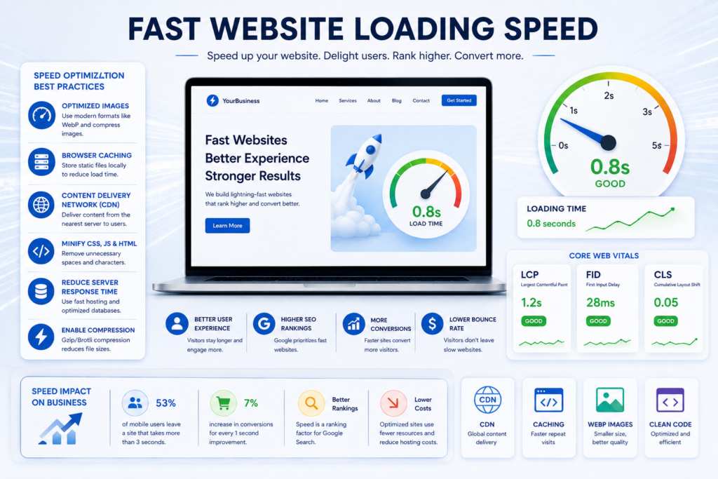 Illustration showing website loading speed optimization with Core Web Vitals metrics.
