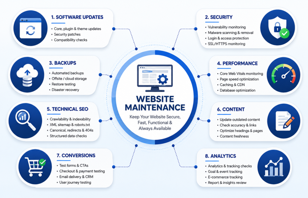 Website maintenance framework covering software updates, security, backups, performance, technical SEO, content, analytics, and conversions.