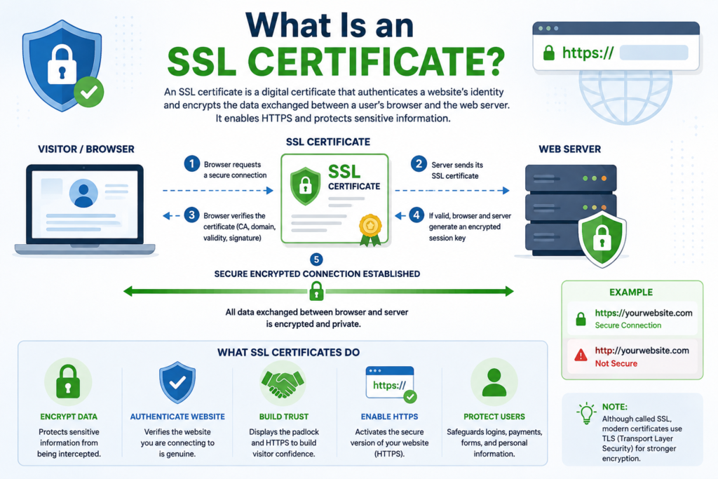 Diagram explaining how an SSL certificate authenticates a website and enables encrypted HTTPS communication.