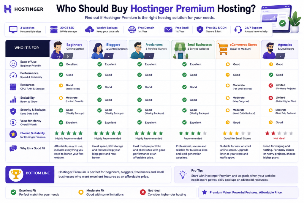 Hostinger Premium buyer guide for beginners, bloggers, creators, freelancers, small businesses, ecommerce sites, and agencies.