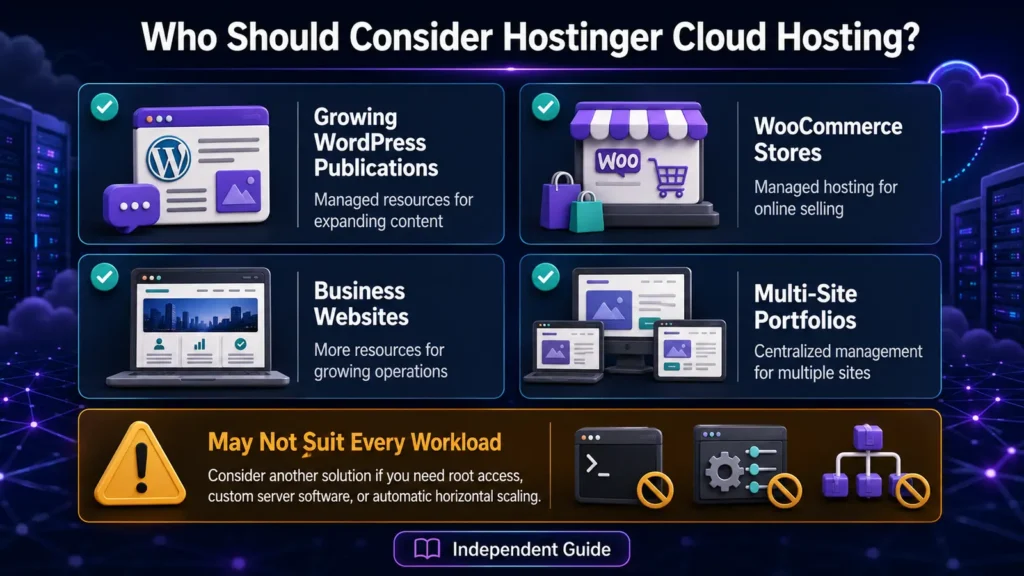 Hostinger Cloud Hosting use cases for WordPress, WooCommerce, business websites, and agencies.