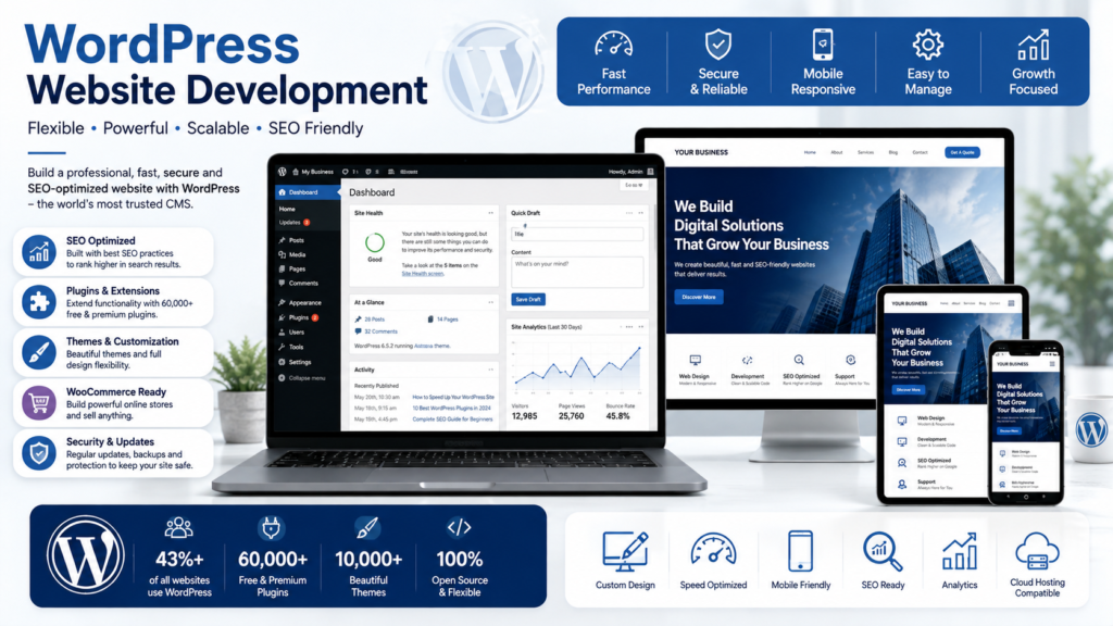 Professional WordPress website development showing a modern business website dashboard, responsive design, SEO optimization, and content management.