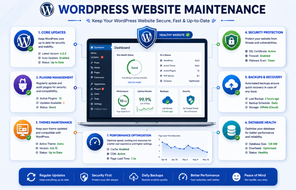 WordPress website maintenance covering WordPress core, plugins, themes, backups, security, database health, and performance.
