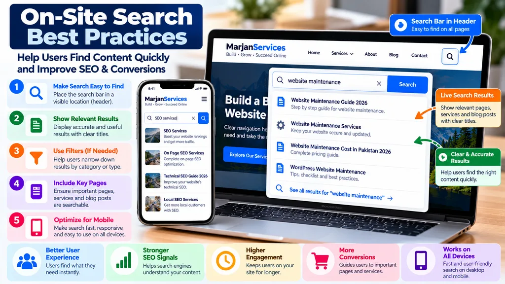 On-site search best practices showing search suggestions, mobile search, relevant results, filters, and SEO-friendly website navigation