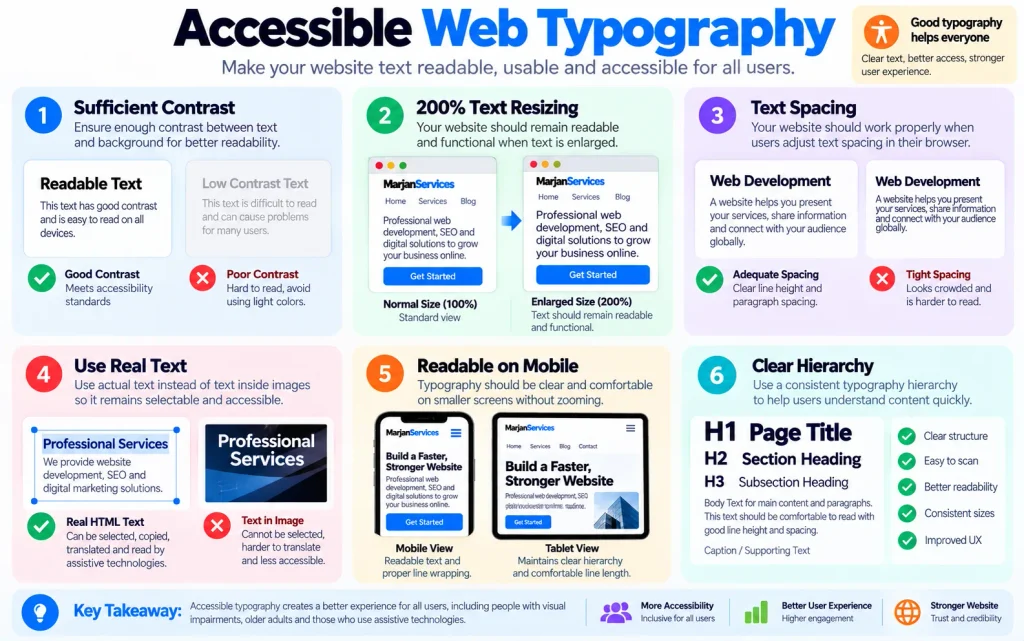 Accessible web typography showing text contrast, resizing, spacing, mobile readability, and real text instead of images of text