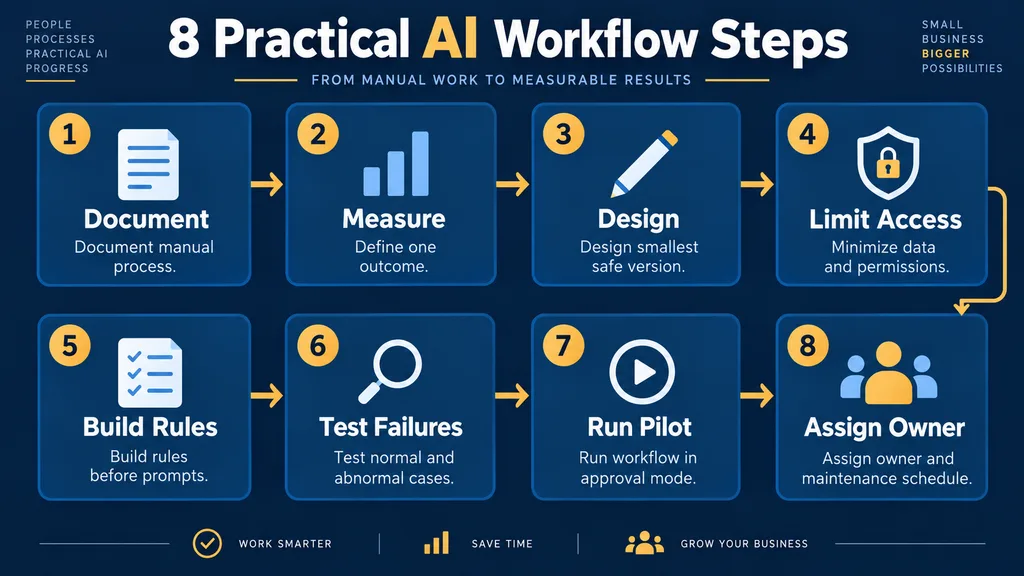 Eight-step AI workflow automation process covering documentation, measurement, design, permissions, rules, testing, approval and ownership