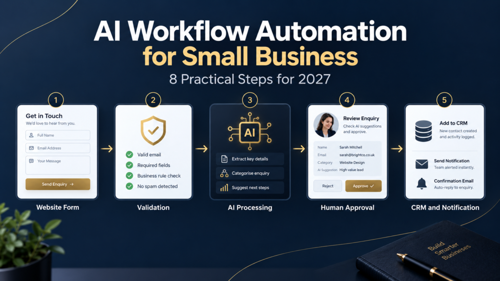 AI workflow automation for small business connecting a website, validation rules, AI processing, human approval and CRM
