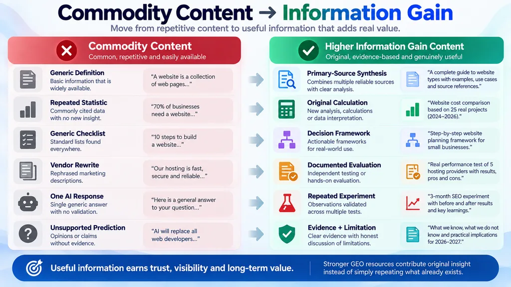 Comparison of generic commodity content with higher information gain content for GEO
