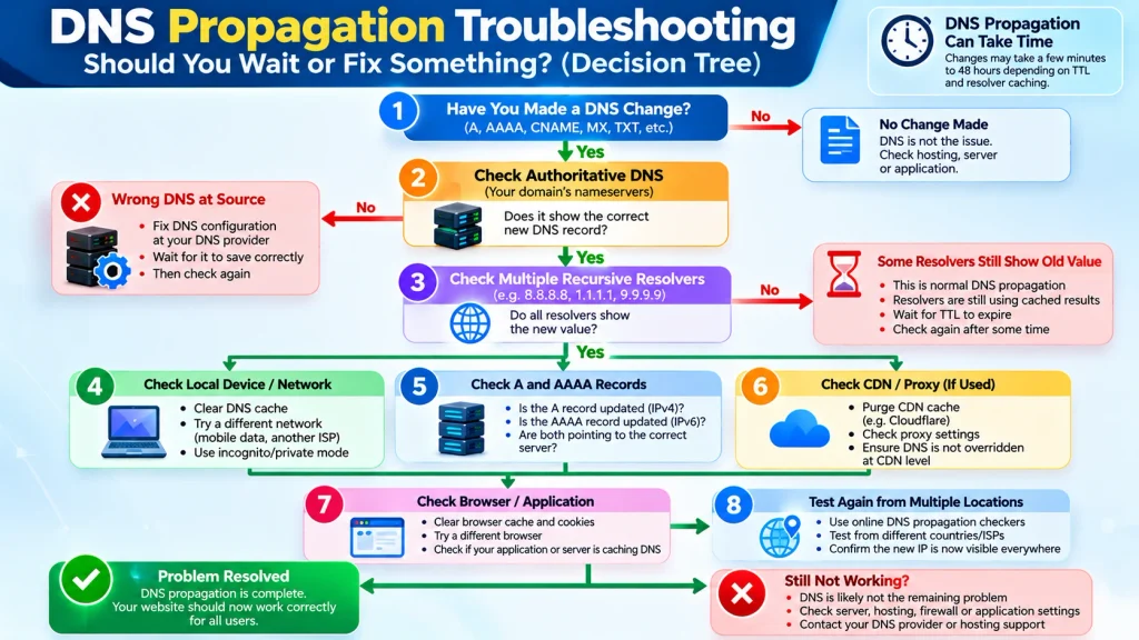 DNS propagation troubleshooting decision tree showing when to wait and when to fix DNS
