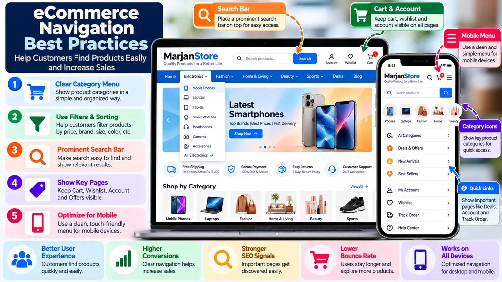 Ecommerce navigation best practices with category menus, product search, filters, mobile navigation, cart, and account links
