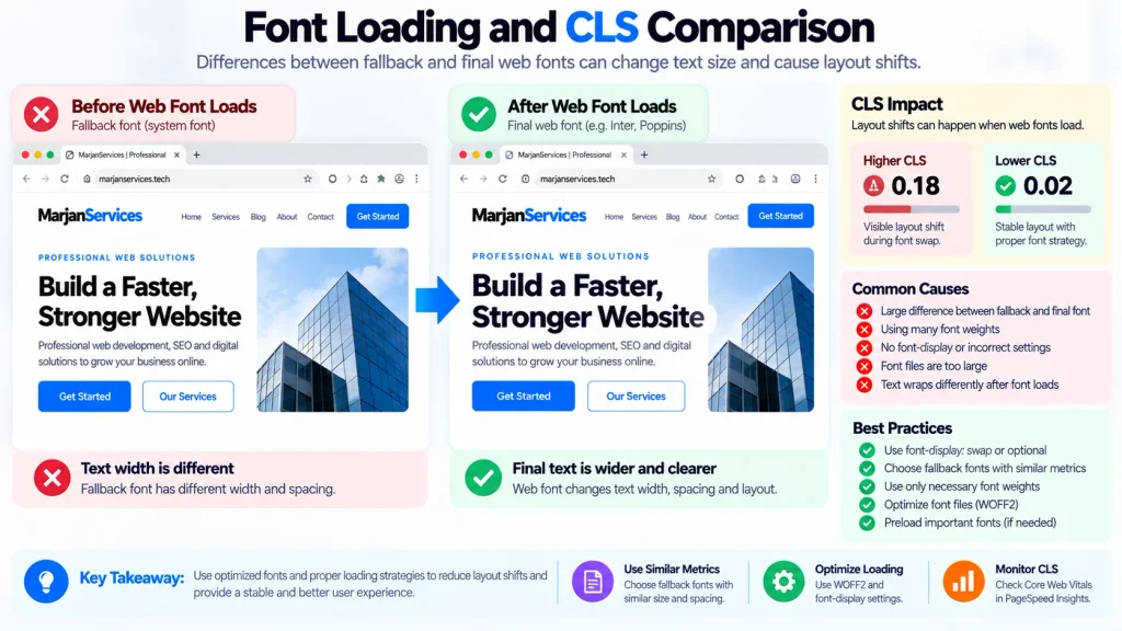 Comparison of website text before and after web font loading showing font swap and layout shift