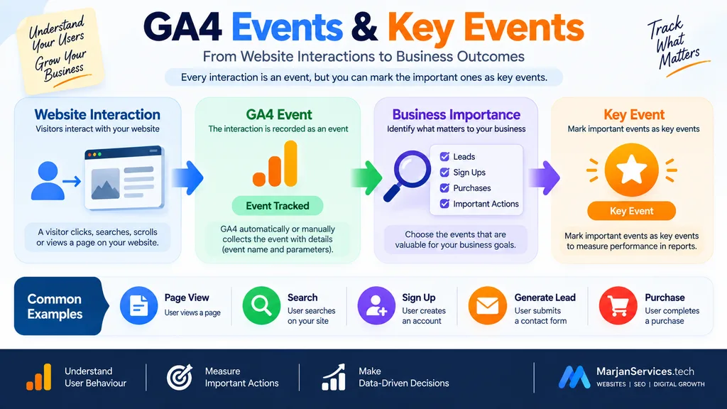 GA4 events and key events explained with website interactions lead generation signup and purchase examples