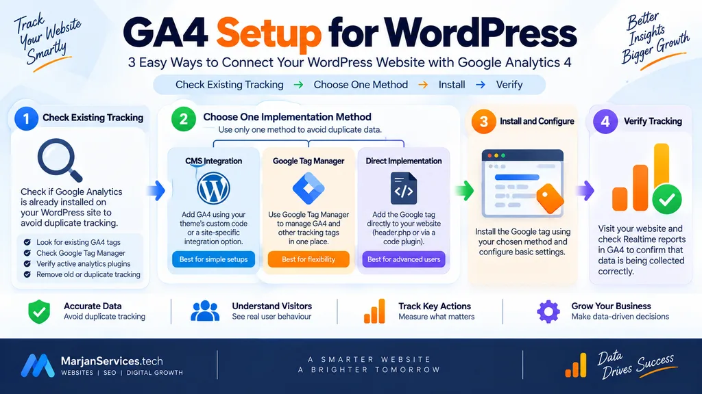 GA4 setup for WordPress showing website integration Google tag Tag Manager and tracking verification