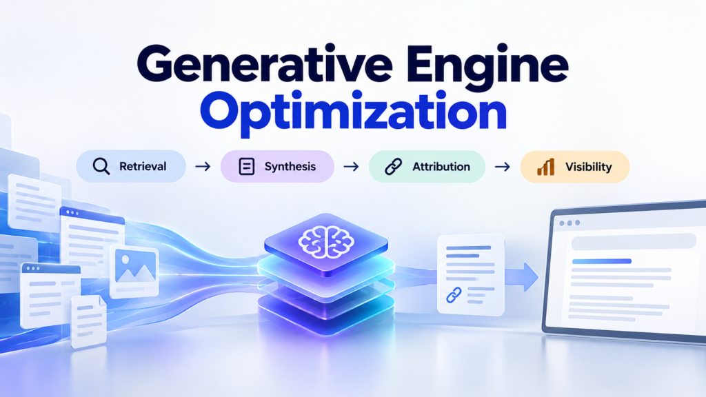 Generative Engine Optimization framework showing retrieval, synthesis, attribution, visibility and business outcomes
