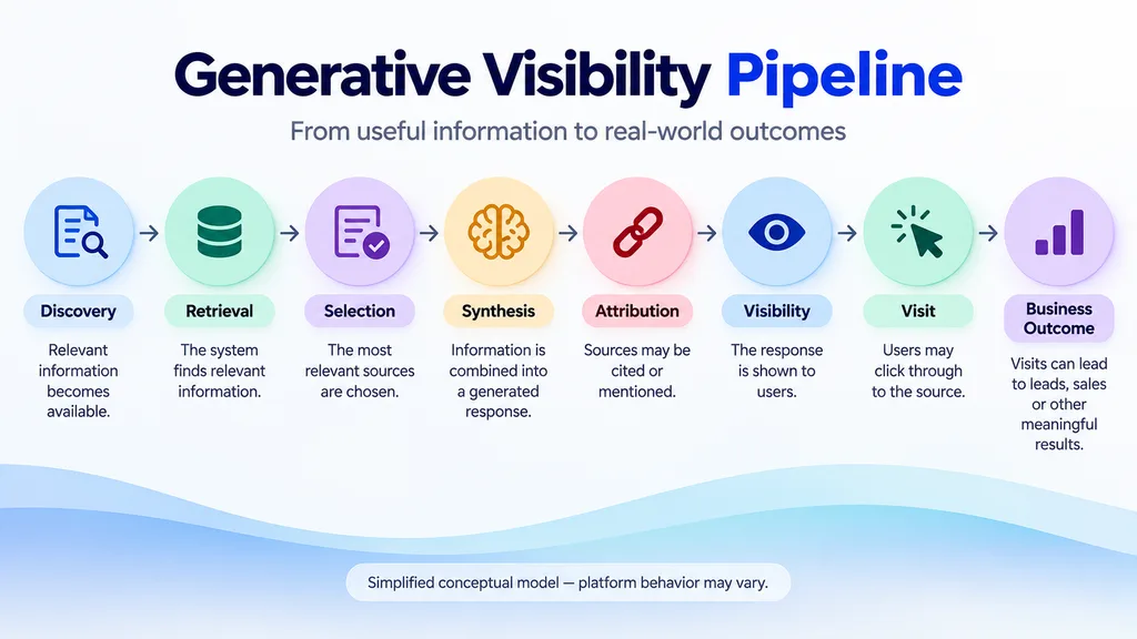 Generative visibility pipeline from discovery and retrieval to attribution, visits and business outcomes