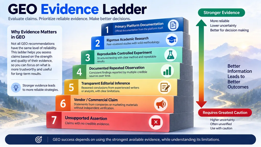 Seven level GEO evidence ladder from primary platform documentation to unsupported assertions