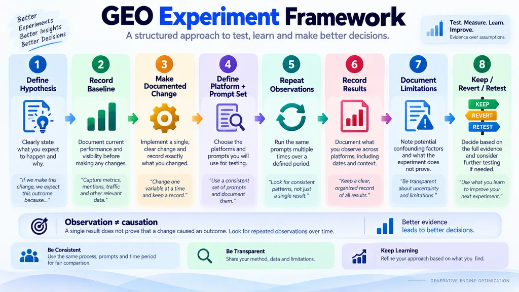 GEO experiment framework showing hypothesis, baseline, intervention, repeated observations, limitations and decision