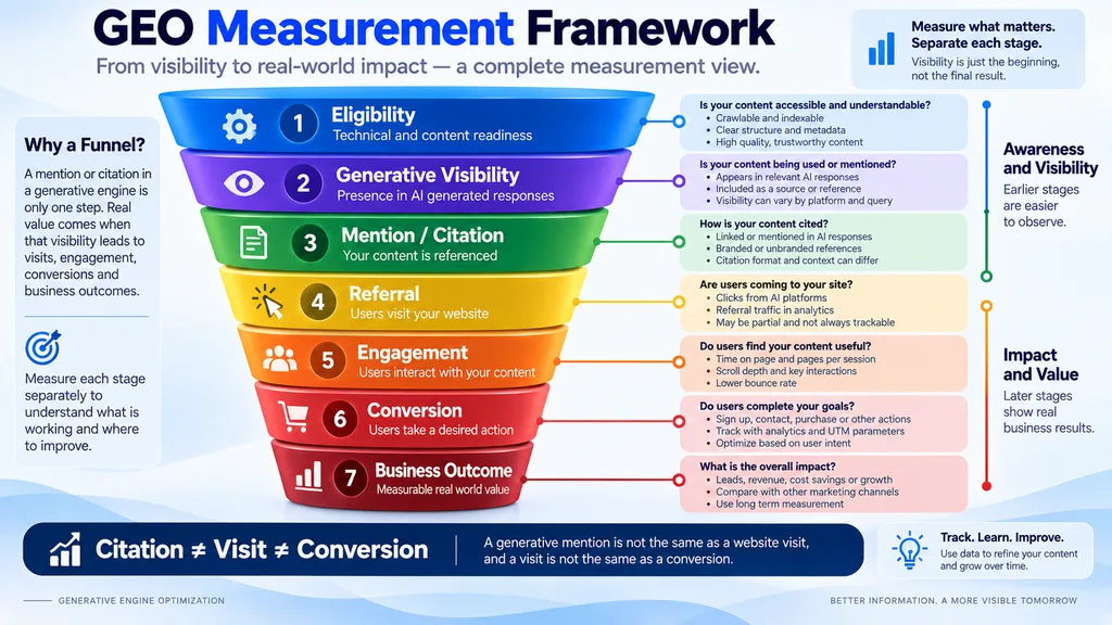 GEO measurement funnel from technical eligibility and generative visibility to referrals, conversions and business outcomes