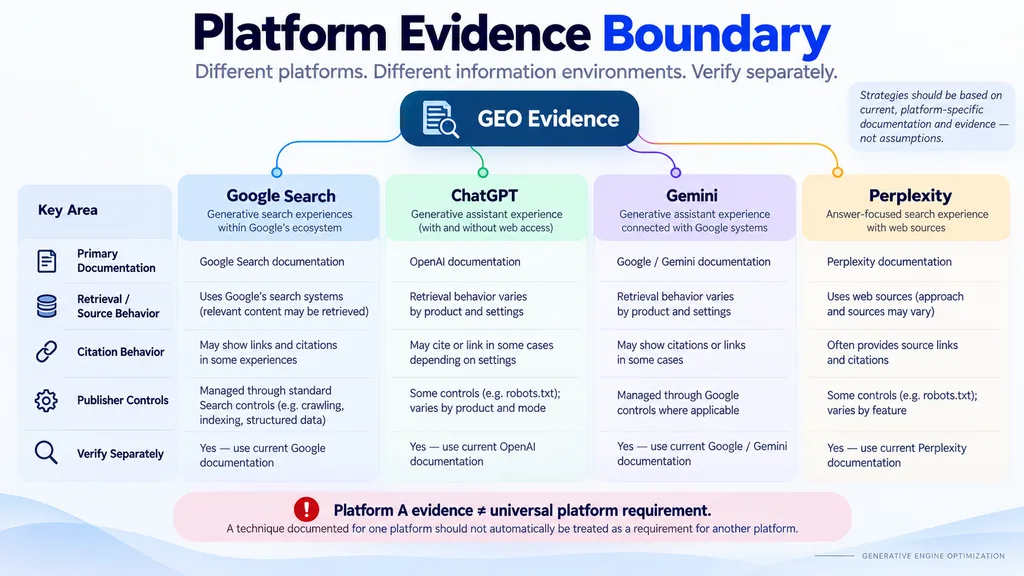 GEO evidence boundary showing why optimization claims must be verified separately for different generative platforms