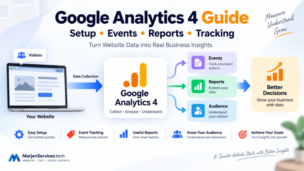 Google Analytics 4 guide for beginners covering GA4 setup events reports and website tracking