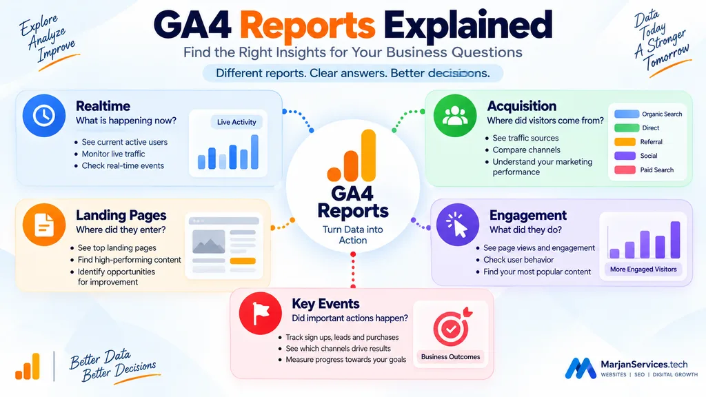 Google Analytics 4 reports explained including Realtime acquisition engagement landing pages and business outcomes