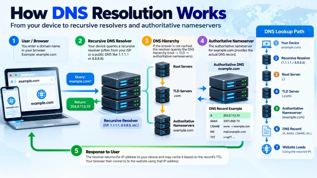 DNS resolution flow from user to recursive resolver and authoritative nameserver