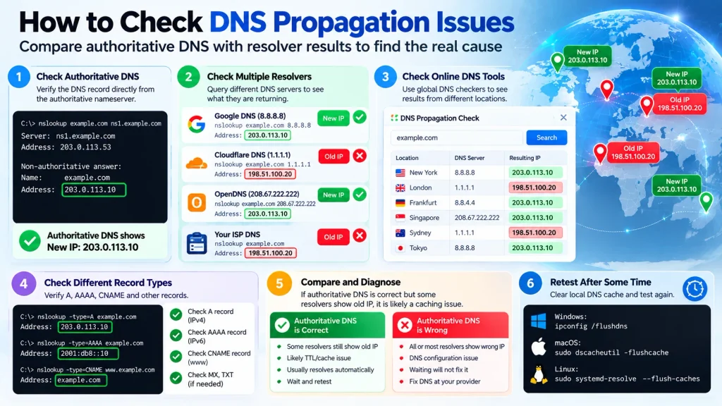 Checking DNS propagation issues by comparing authoritative DNS and resolver responses