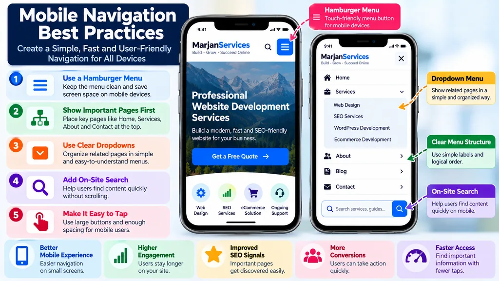 Mobile website navigation best practices with hamburger menu, dropdown links, on-site search, and touch-friendly controls