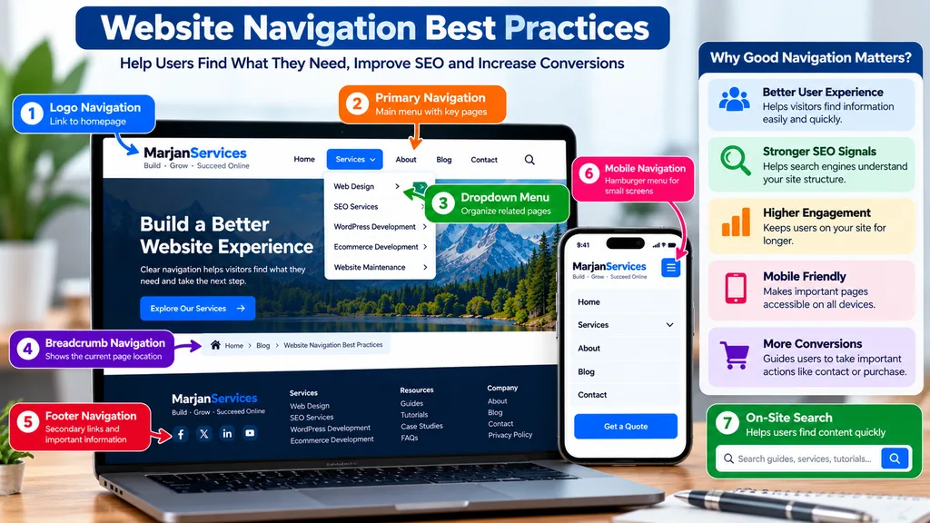 Website navigation best practices showing menus, breadcrumbs, mobile navigation, on-site search, SEO benefits, and conversion paths