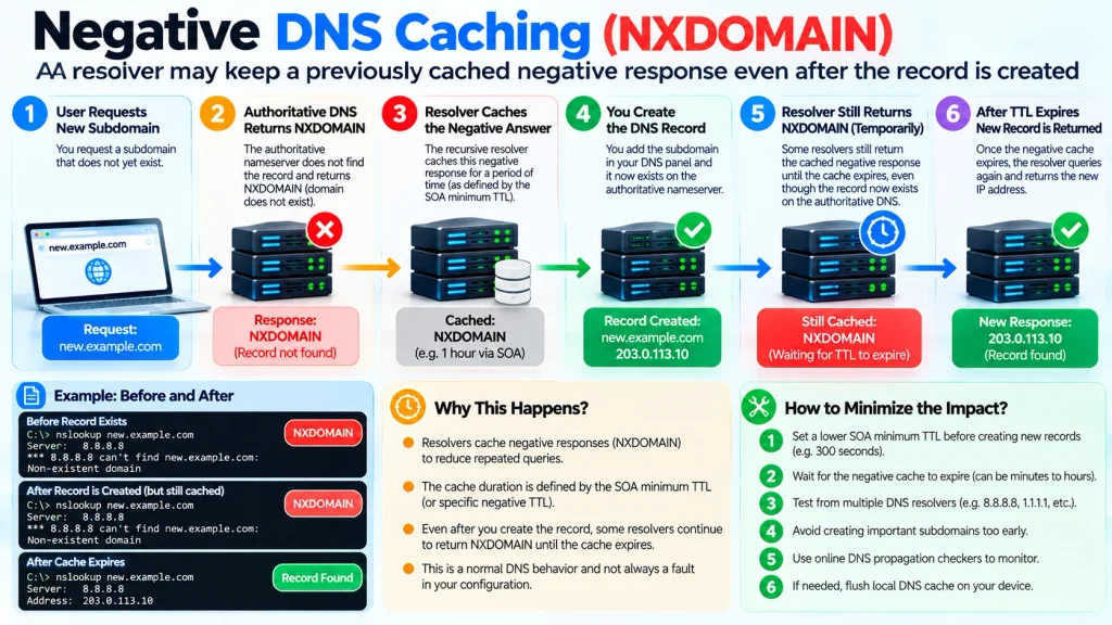 Negative DNS caching causing NXDOMAIN after a new DNS record is created