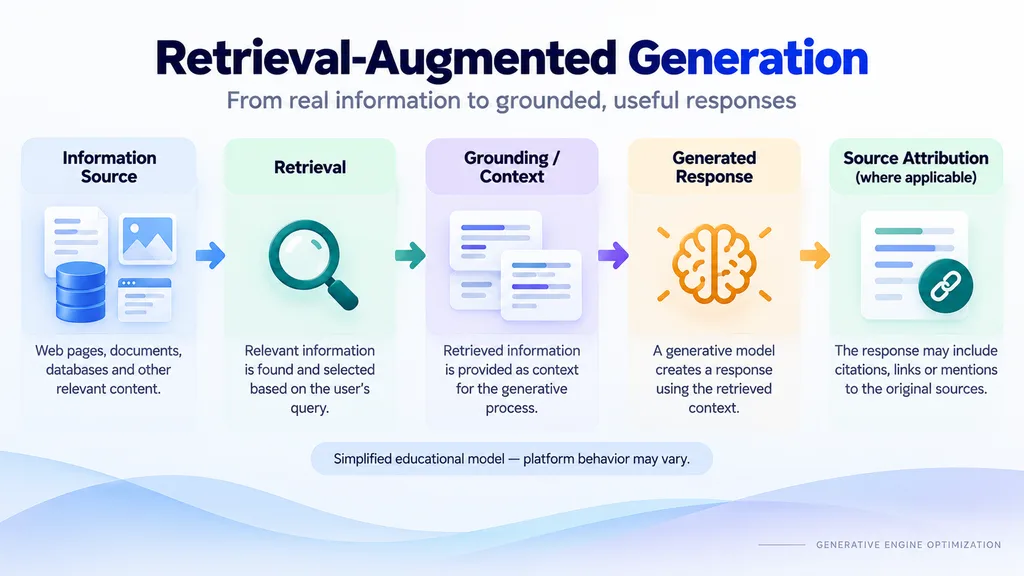 Simplified retrieval augmented generation workflow showing information retrieval, grounding, generated response and source attribution