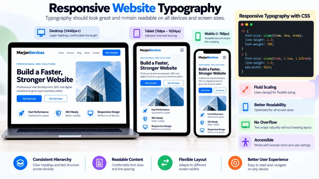 Responsive website typography showing readable headings and body text across desktop, tablet, and mobile screens