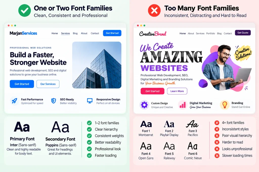 Comparison of a consistent website font system and a website using too many font families and weights