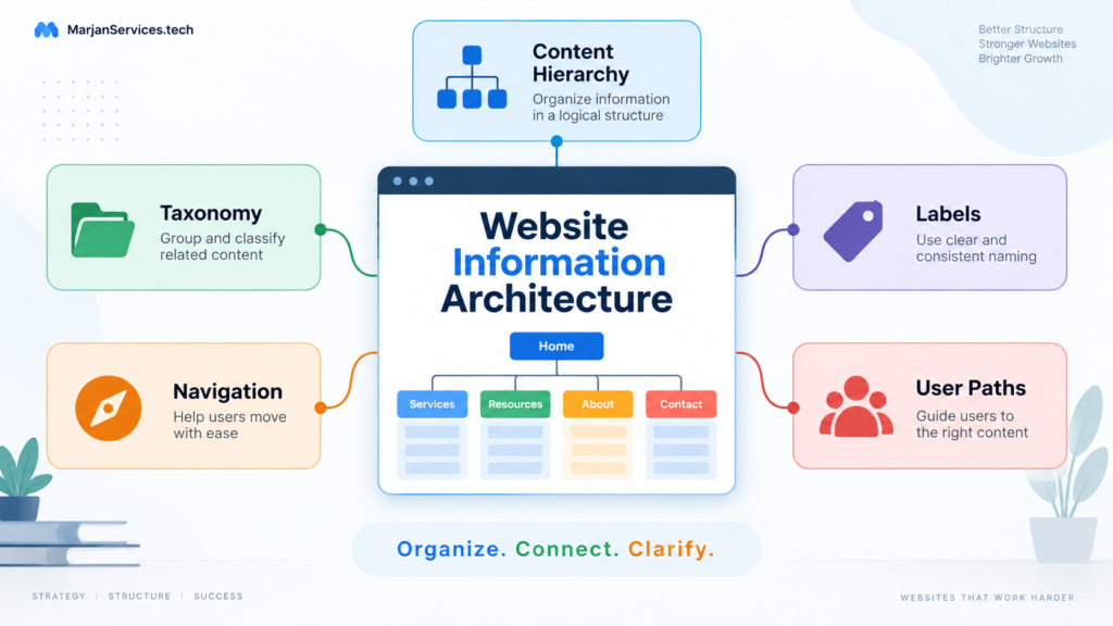 Website information architecture showing content hierarchy, taxonomy, navigation, labels and connected pages