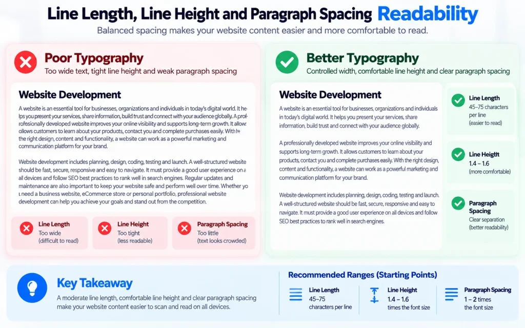 Comparison of readable and difficult website text using different line lengths and line spacing