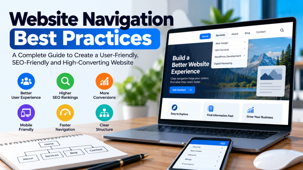 Website navigation system connecting menus, breadcrumbs, internal links and mobile navigation