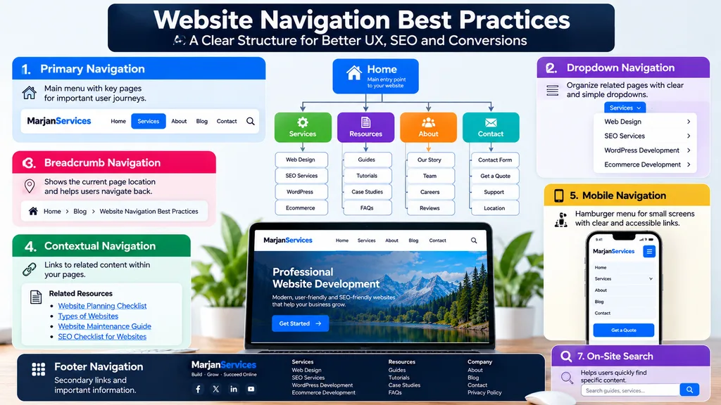 Types of website navigation including primary menus, dropdowns, breadcrumbs, mobile navigation, footer links, and secondary navigation