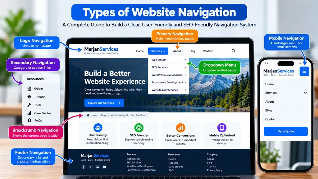 Primary menu, mobile menu, breadcrumbs, footer and contextual navigation