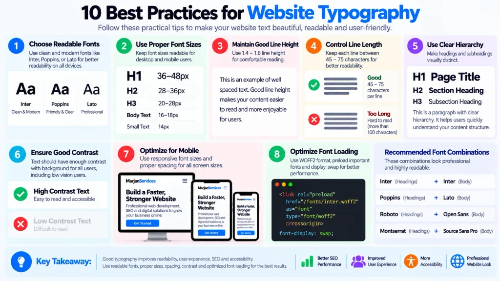 Website typography audit checklist covering fonts, hierarchy, size, spacing, accessibility, responsive design, and performance
