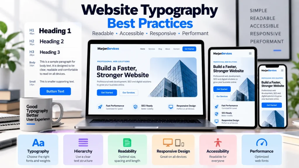 Website typography best practices showing font hierarchy, readable body text, responsive typography, accessibility, and web font performance