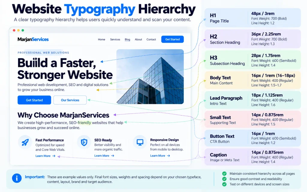 Website typography hierarchy showing H1, H2, H3, body text, labels, captions, and buttons