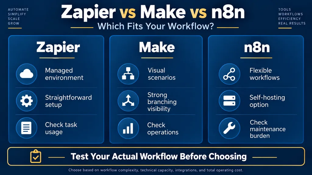 Zapier vs Make vs n8n comparison for small businesses based on simplicity, visual control, self-hosting and maintenance