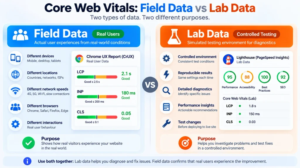 Core Web Vitals field data compared with Lighthouse lab data