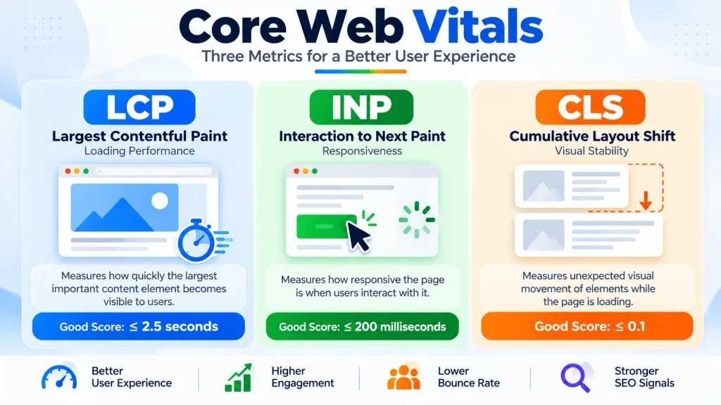 Core Web Vitals diagram explaining LCP loading, INP responsiveness, and CLS visual stability