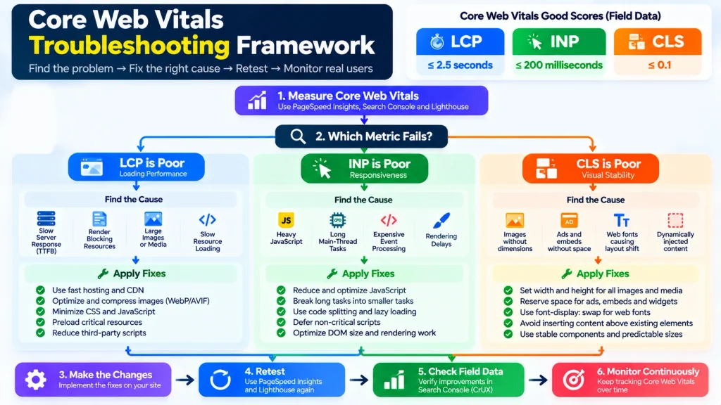 How to Improve Core Web Vitals : Core Web Vitals troubleshooting decision tree for diagnosing LCP, INP, and CLS issues