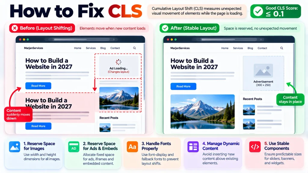 CLS example showing unstable website layout before and stable layout after optimization