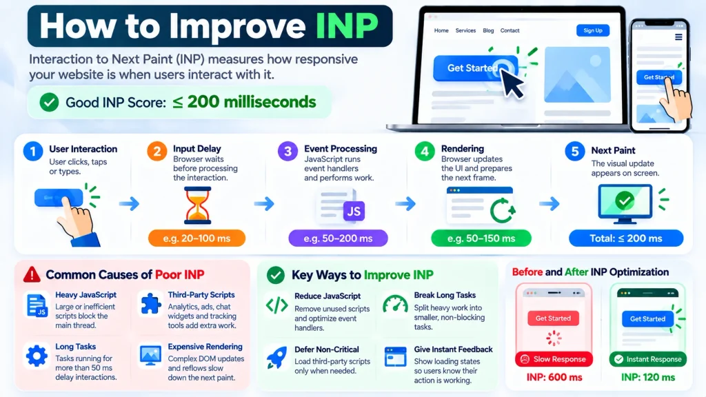 INP optimization workflow showing user input, processing, rendering, and next paint