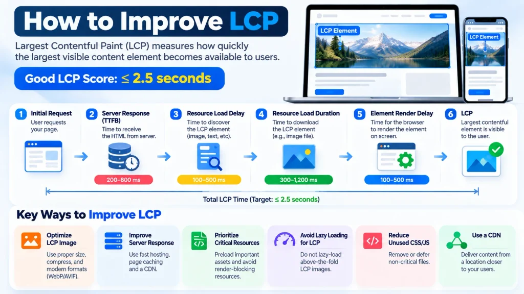 LCP optimization workflow from server response to largest contentful element rendering